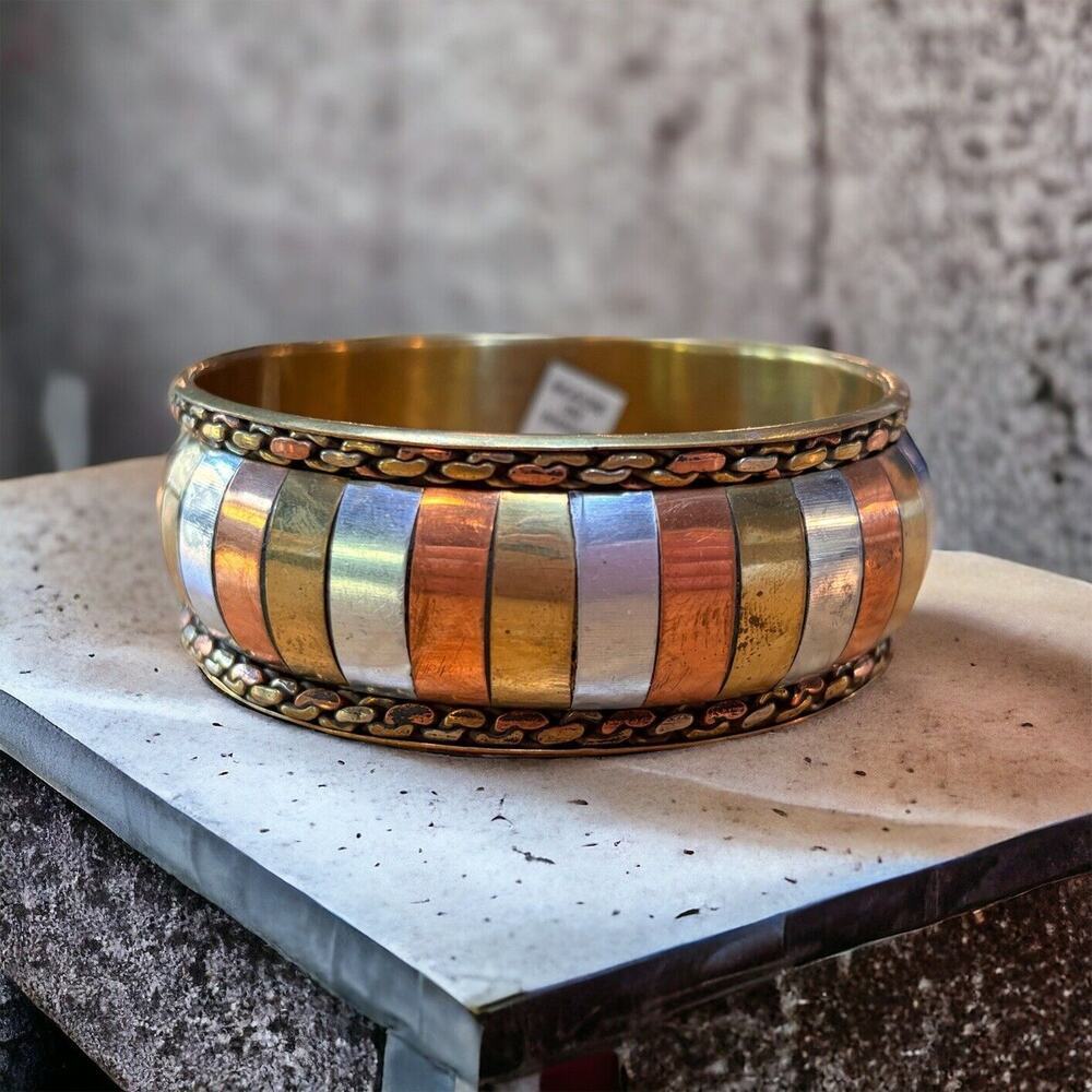 Vintage Tricolor Copper & Brass Mixed Metal Bangle Bracelets Made in India